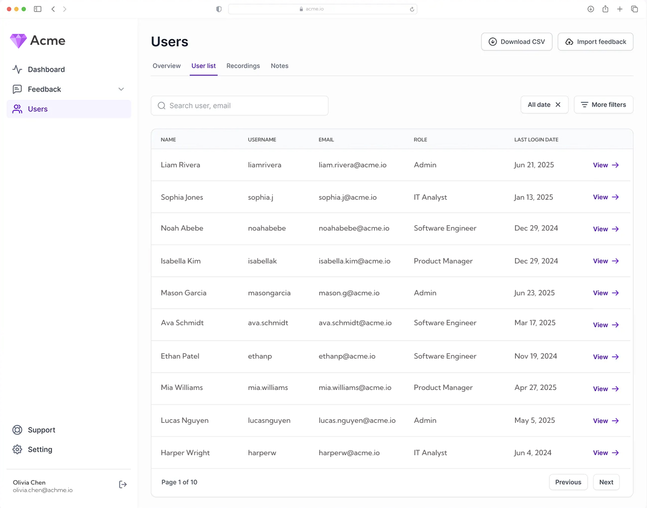 GemInsight user interface showing user list with columns for user name, email, date created, and feedback channel